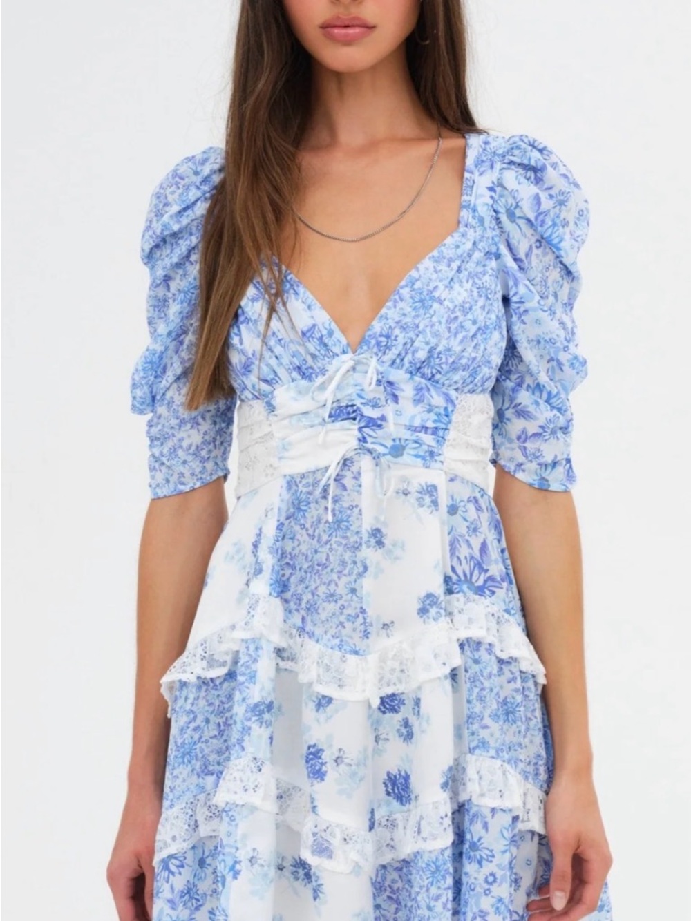 For Love & Lemons Rosalyn Blue Patchwork Mini Dress Medium
